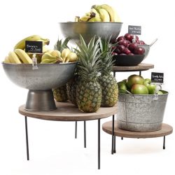 Merchandising-risers-with-galvanised-bowls-Juicing-Bar-display