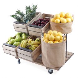 Mobile-juice-display-with-hessian-dump-bins-and-tilt-stands